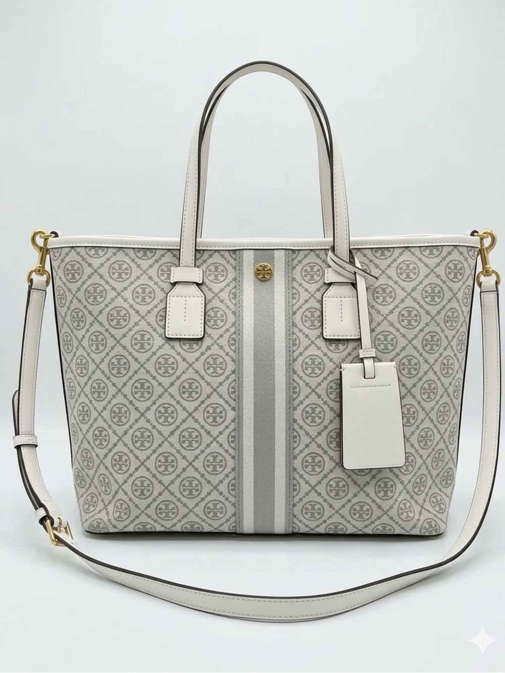 Tory Burch Light Cream Monogram Stripe Canvas Tote